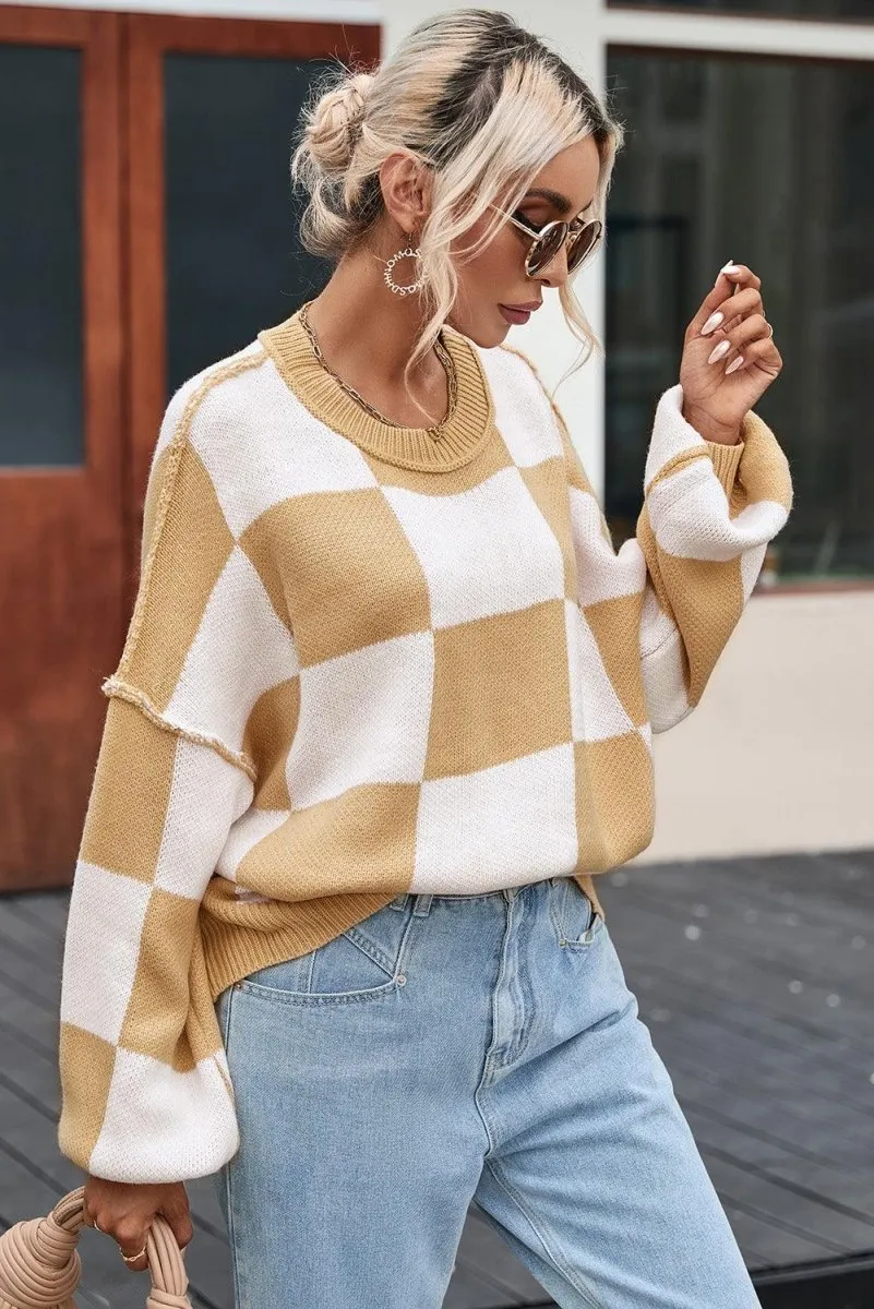 Checkered Bishop Sleeve Sweater