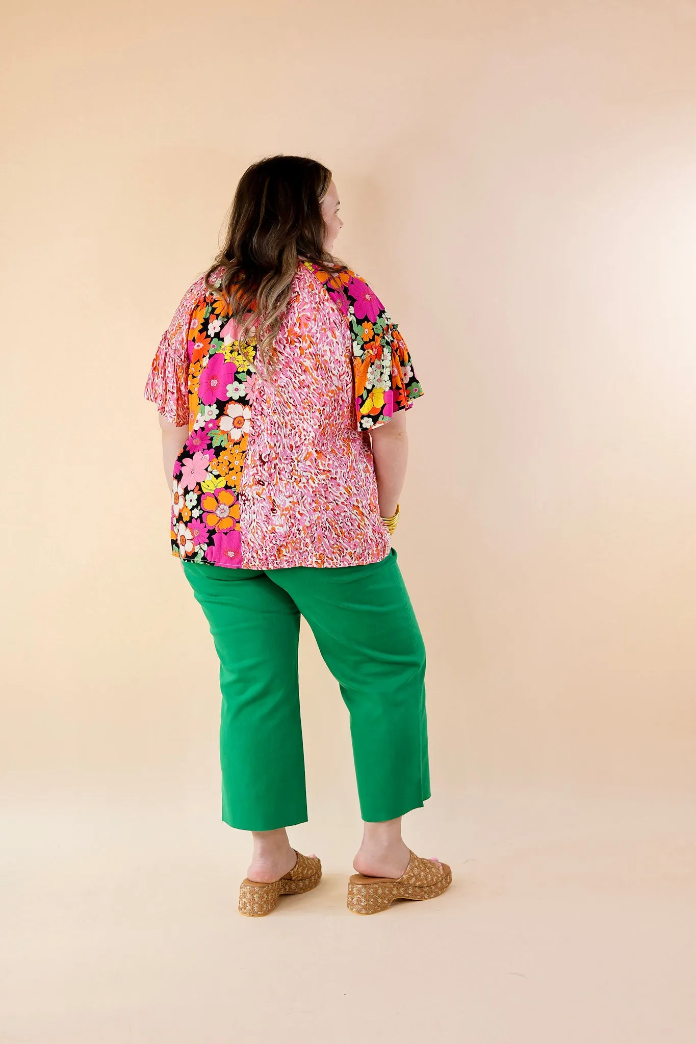 Double Time Abstract Print and Floral Print Top in Black and White