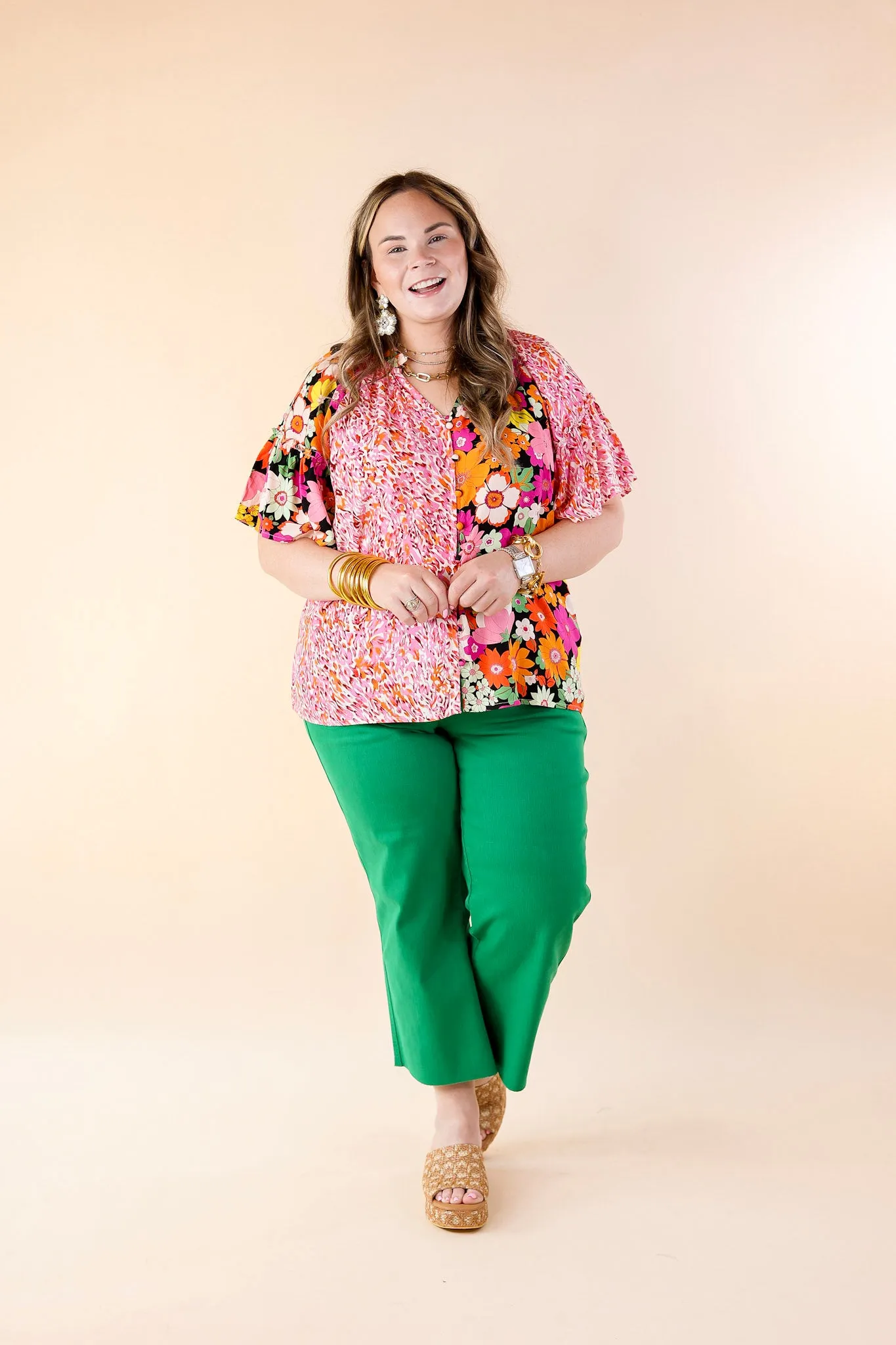 Double Time Abstract Print and Floral Print Top in Black and White