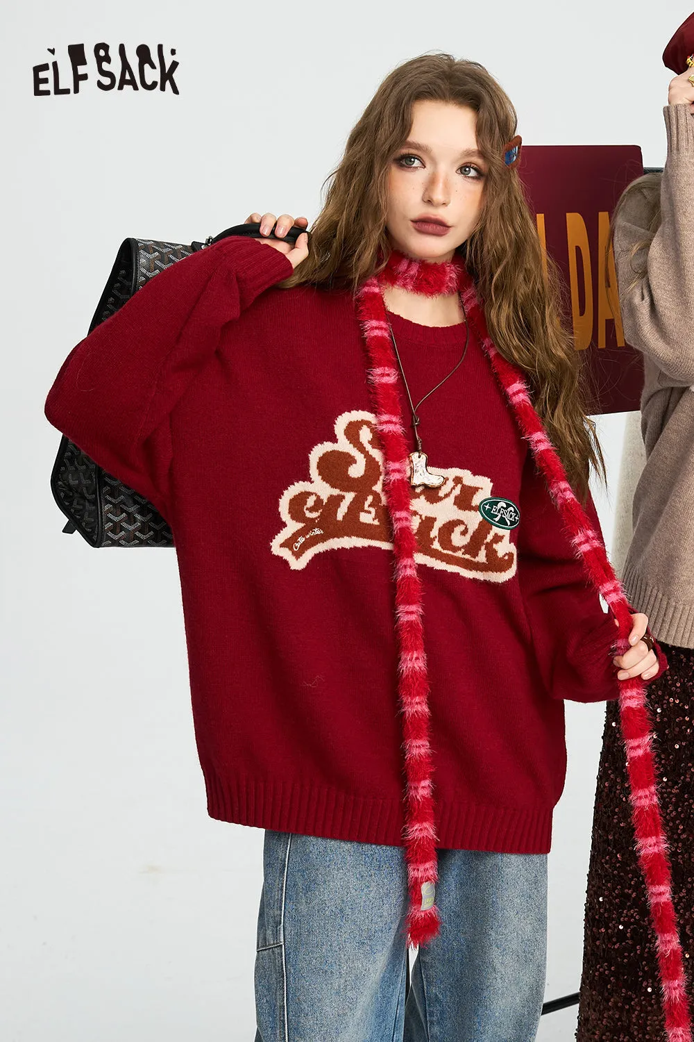 ELFSACK 2024 Winter New Arrivals Letter lazy style soft and sticky pullover sweater for women