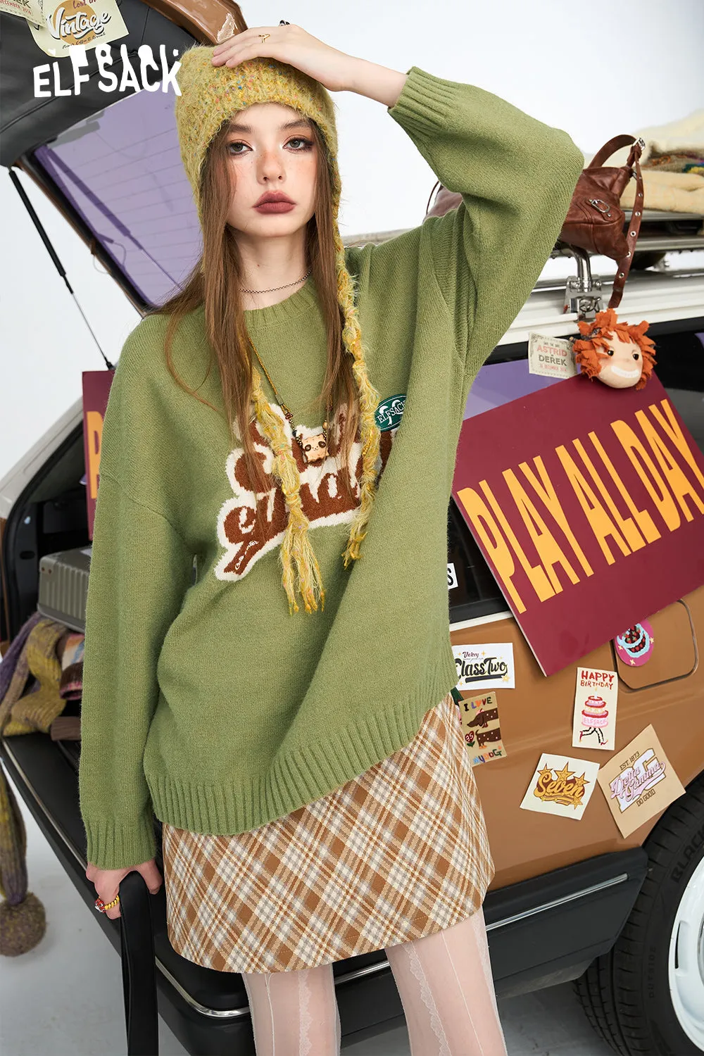 ELFSACK 2024 Winter New Arrivals Letter lazy style soft and sticky pullover sweater for women