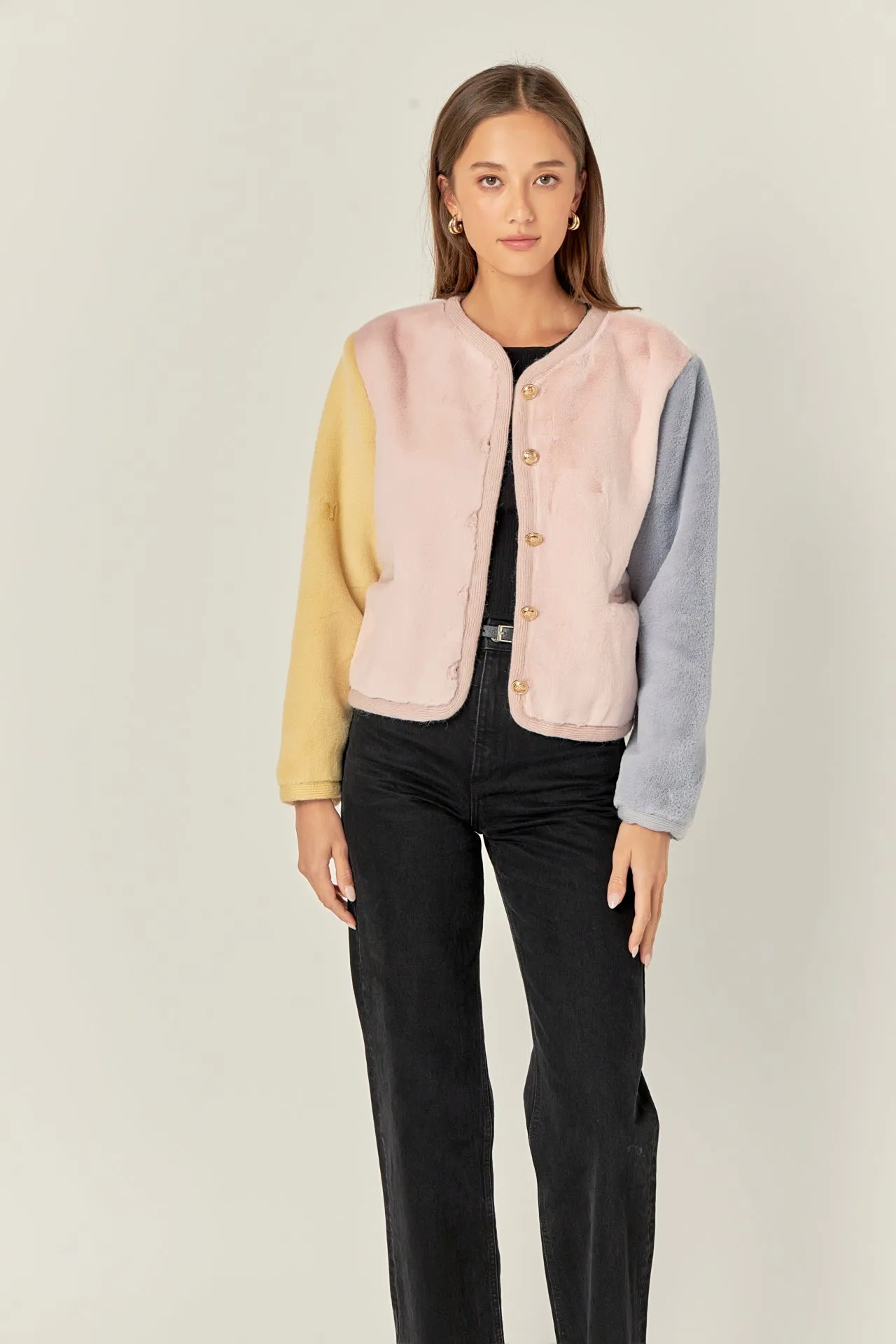 English Factory - Colorblock Faux Fur Jacket