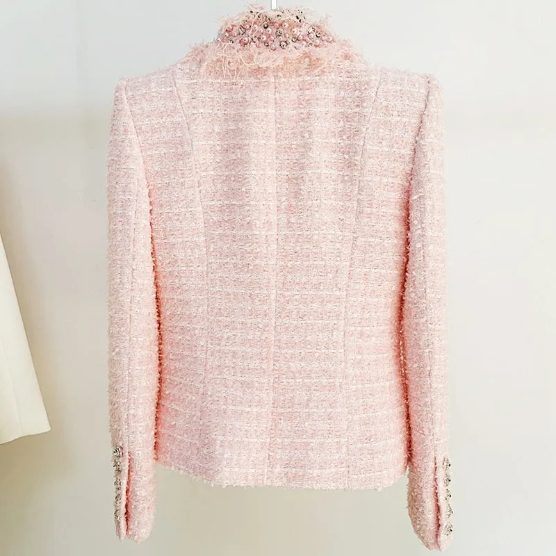 HarleyFashion Winter Women Pink Tweed Jacket Cardigan Tassel Beading Luxury Quality Sweet Thick Coat