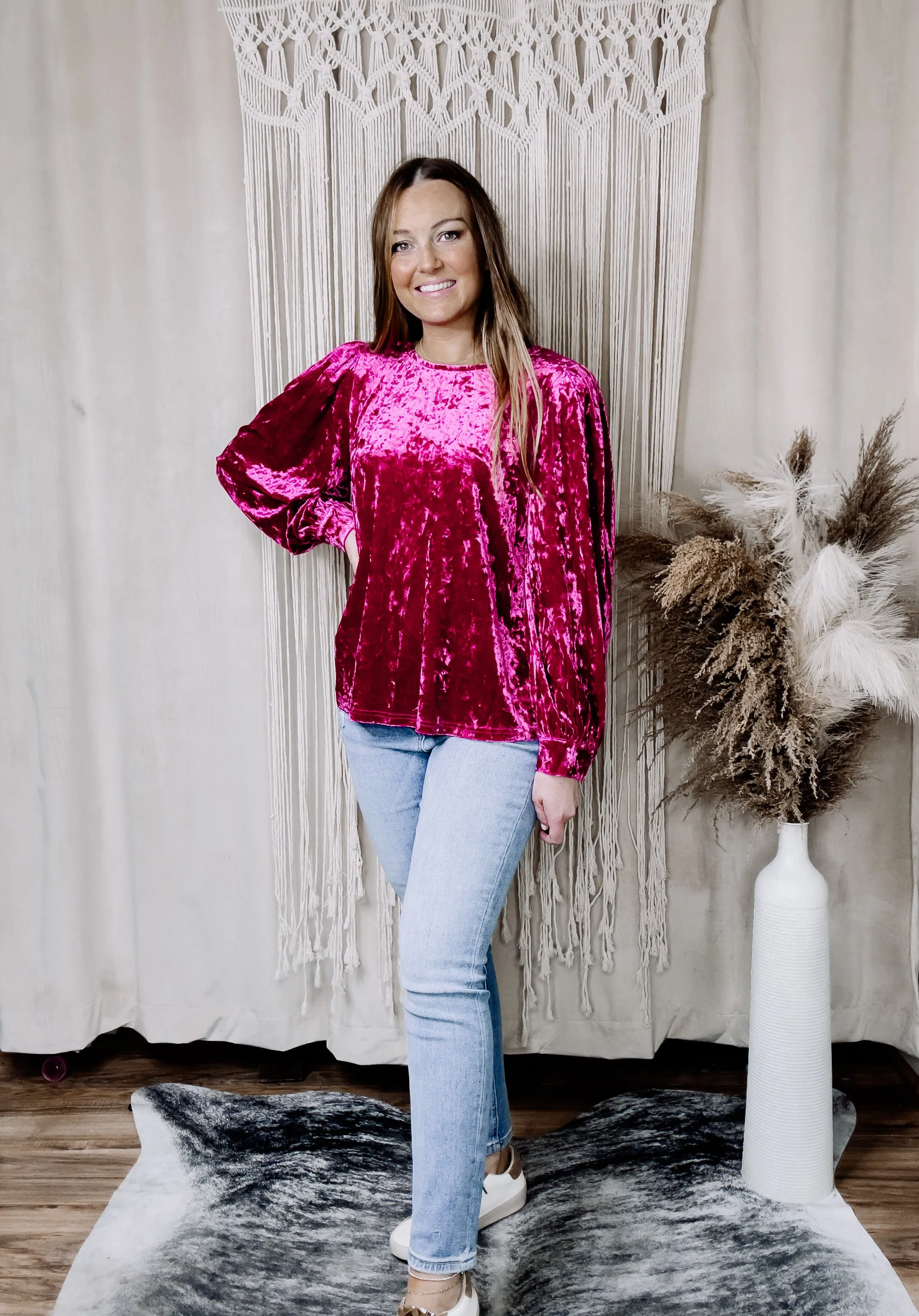 Magenta Macie Velvet Long Sleeve Top