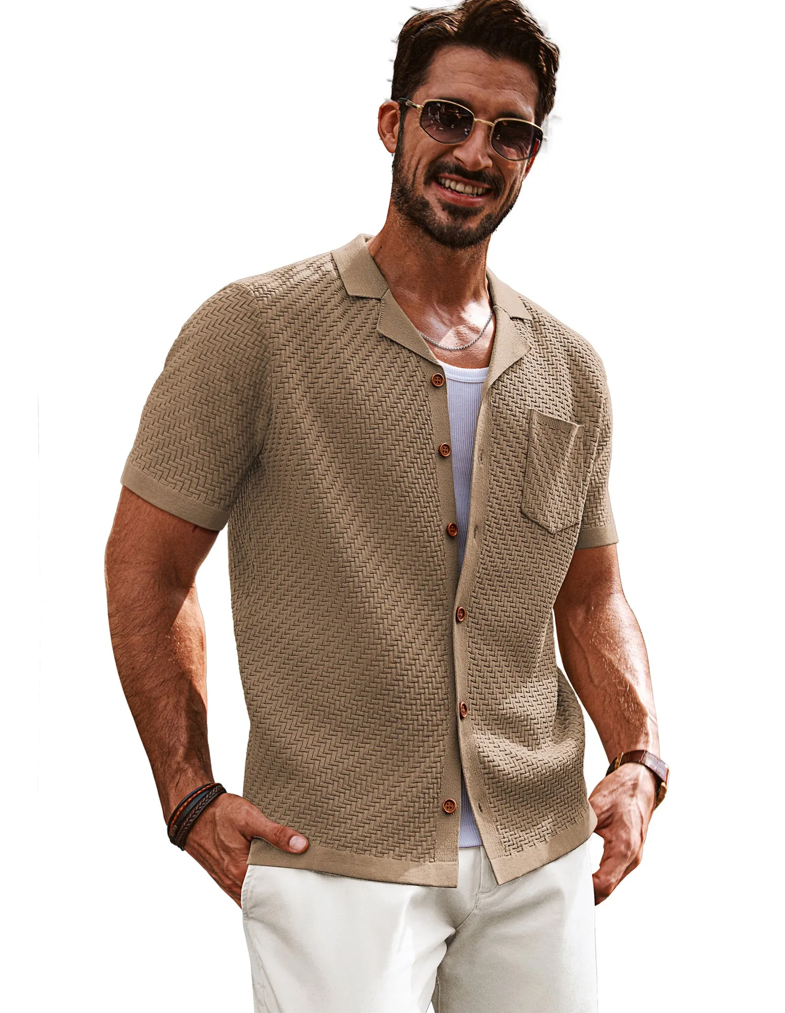 Men Textured Cardigan Short Sleeve Camp-Collar Button-up Sweater Knitwear