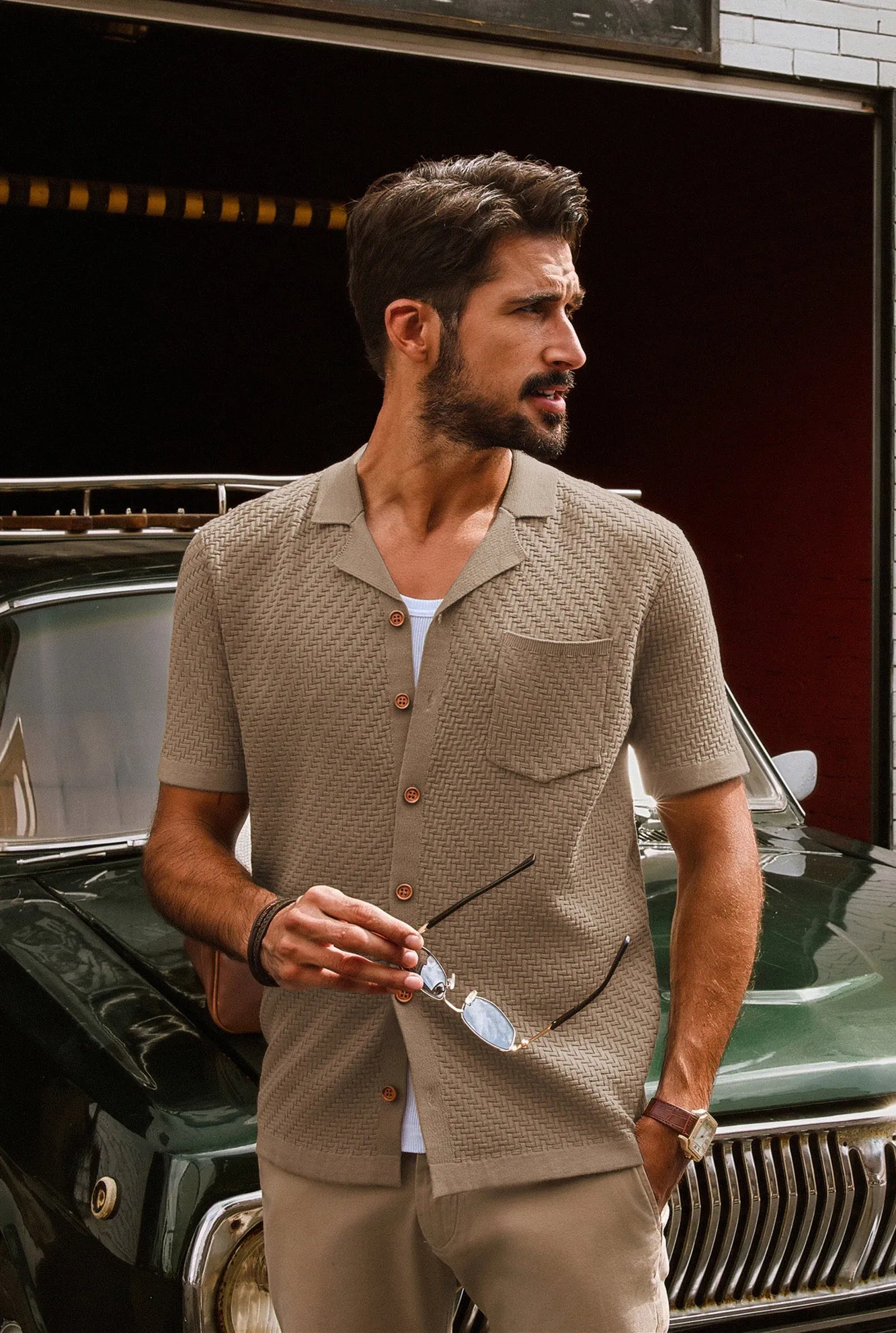 Men Textured Cardigan Short Sleeve Camp-Collar Button-up Sweater Knitwear