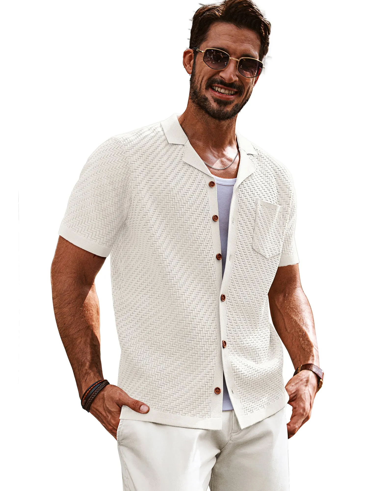 Men Textured Cardigan Short Sleeve Camp-Collar Button-up Sweater Knitwear