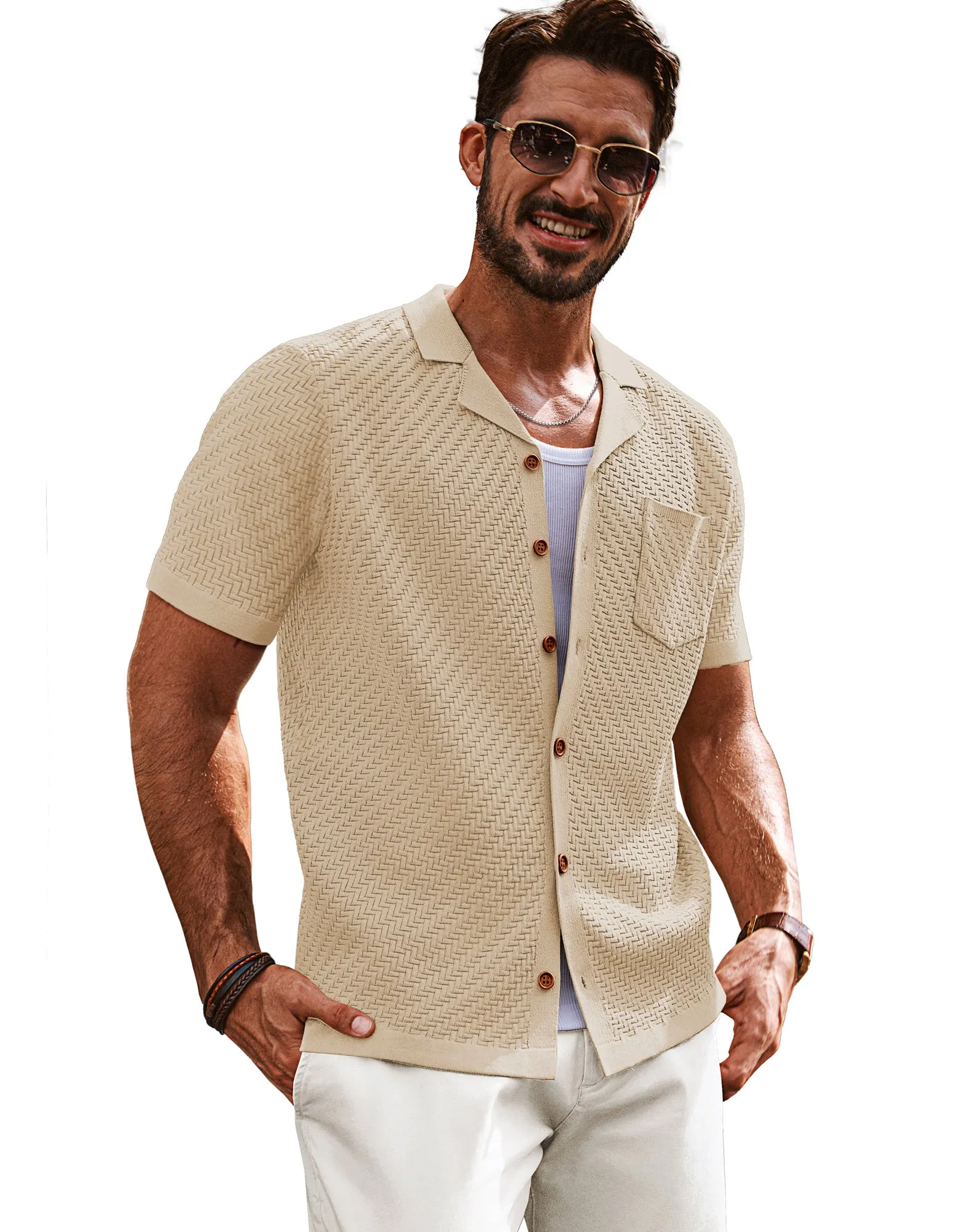 Men Textured Cardigan Short Sleeve Camp-Collar Button-up Sweater Knitwear