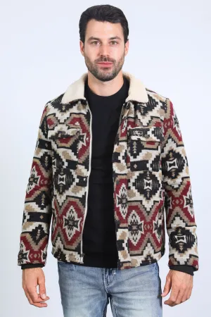 Mens Ethnic Aztec Quilted Fur Lined Black/Red Jacket