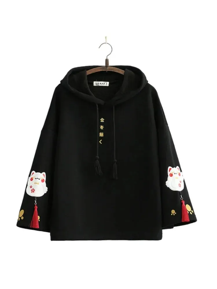 Metaversmall Black Harakuju Fox Embroidery Casual Women Hoodies Winter Flare Sleeve Hooded Sweatshirts Female Korean Pullover Tracksuits