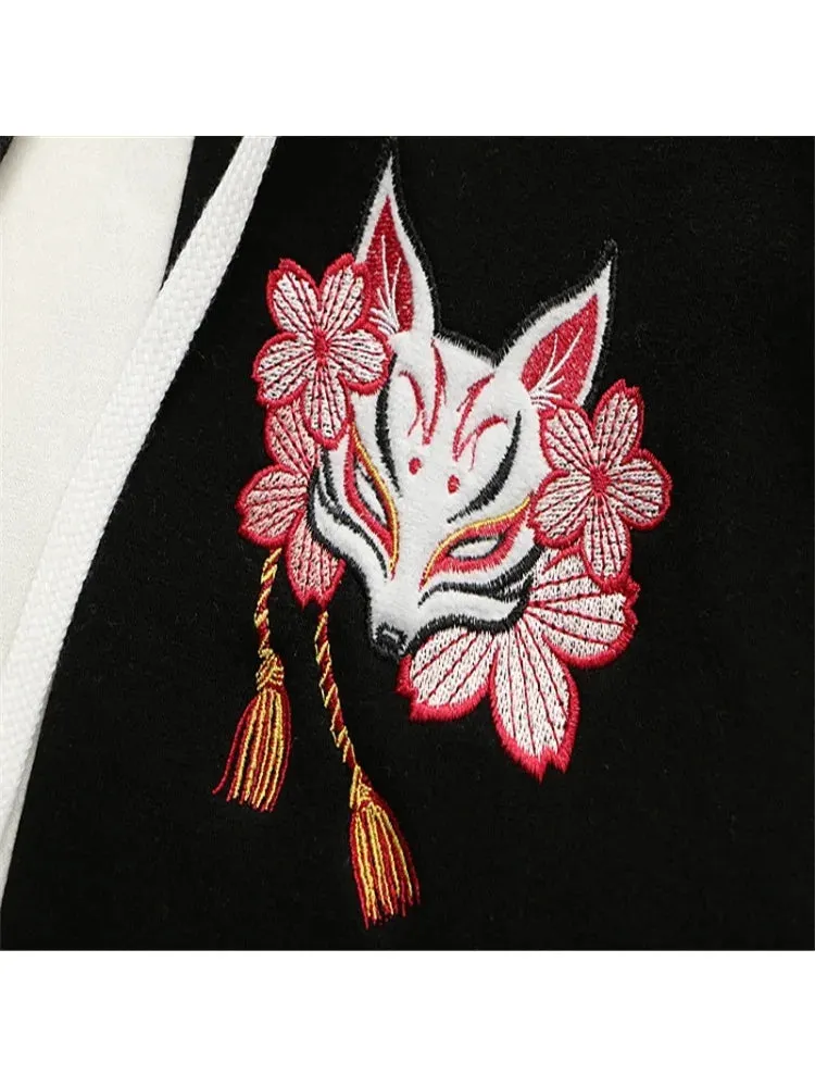 Metaversmall Black Harakuju Fox Embroidery Casual Women Hoodies Winter Flare Sleeve Hooded Sweatshirts Female Korean Pullover Tracksuits