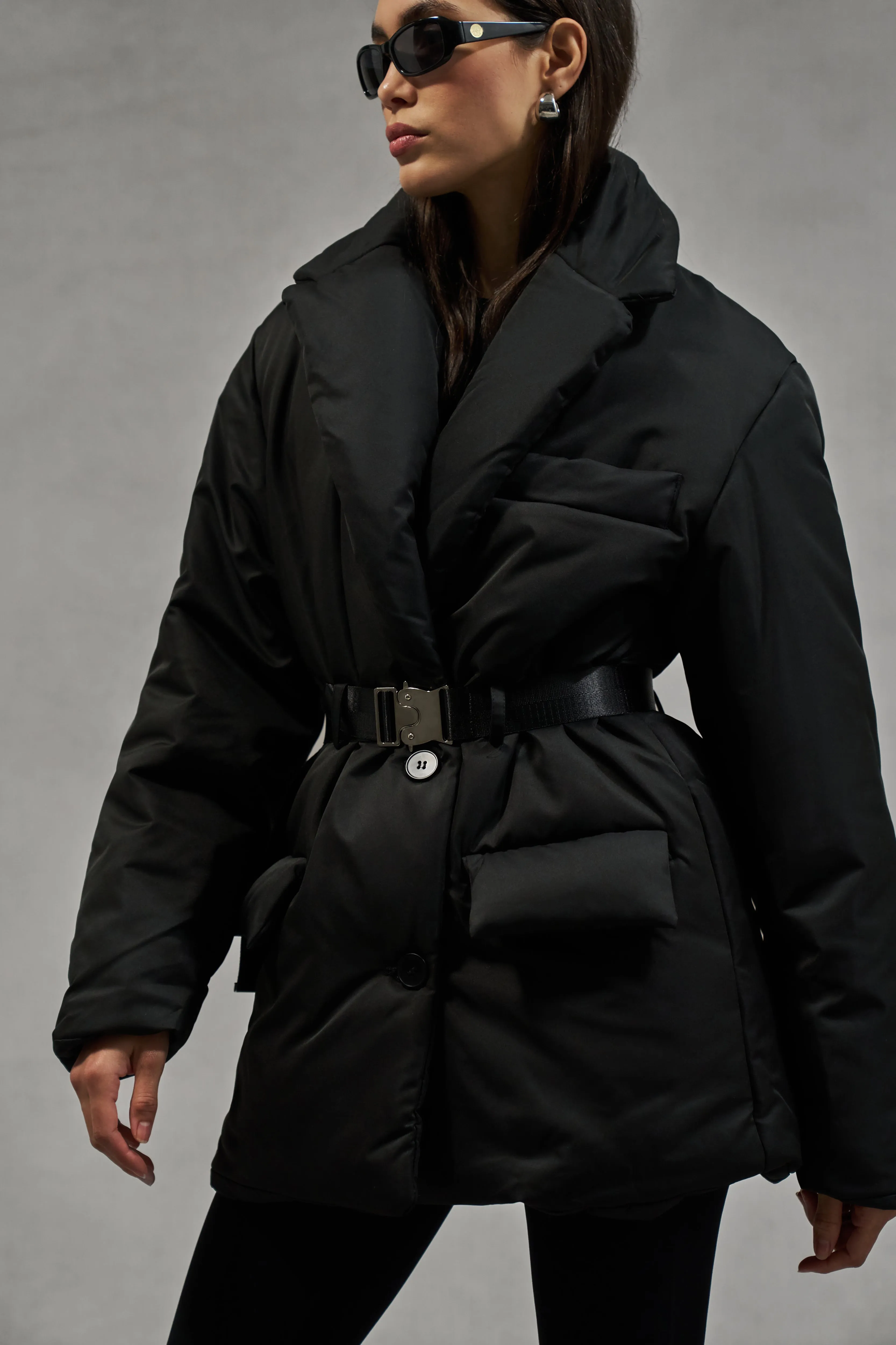 NYLON PADDED BLAZER COAT - BLACK