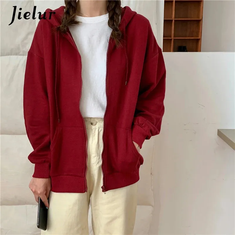 Pure Color Red Purple Zip-up Hoodies Women Fashion Casual Hooded Female Sweatshirt Autumn Thin Streetwear Girls M-XL