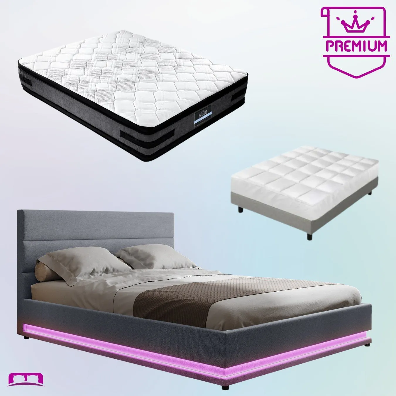 Queen Premium Package | Henley LED Storage Queen Bed Frame Grey, Luna Series Euro Top Mattress (Medium Firm) & Bamboo Mattress Topper!