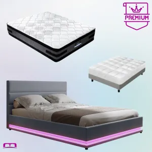 Queen Premium Package | Henley LED Storage Queen Bed Frame Grey, Luna Series Euro Top Mattress (Medium Firm) & Bamboo Mattress Topper!