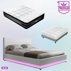 Queen Premium Package | Henley LED Storage Queen Bed Frame White, Luna Series Euro Top Mattress (Medium Firm) & Bamboo Mattress Topper!