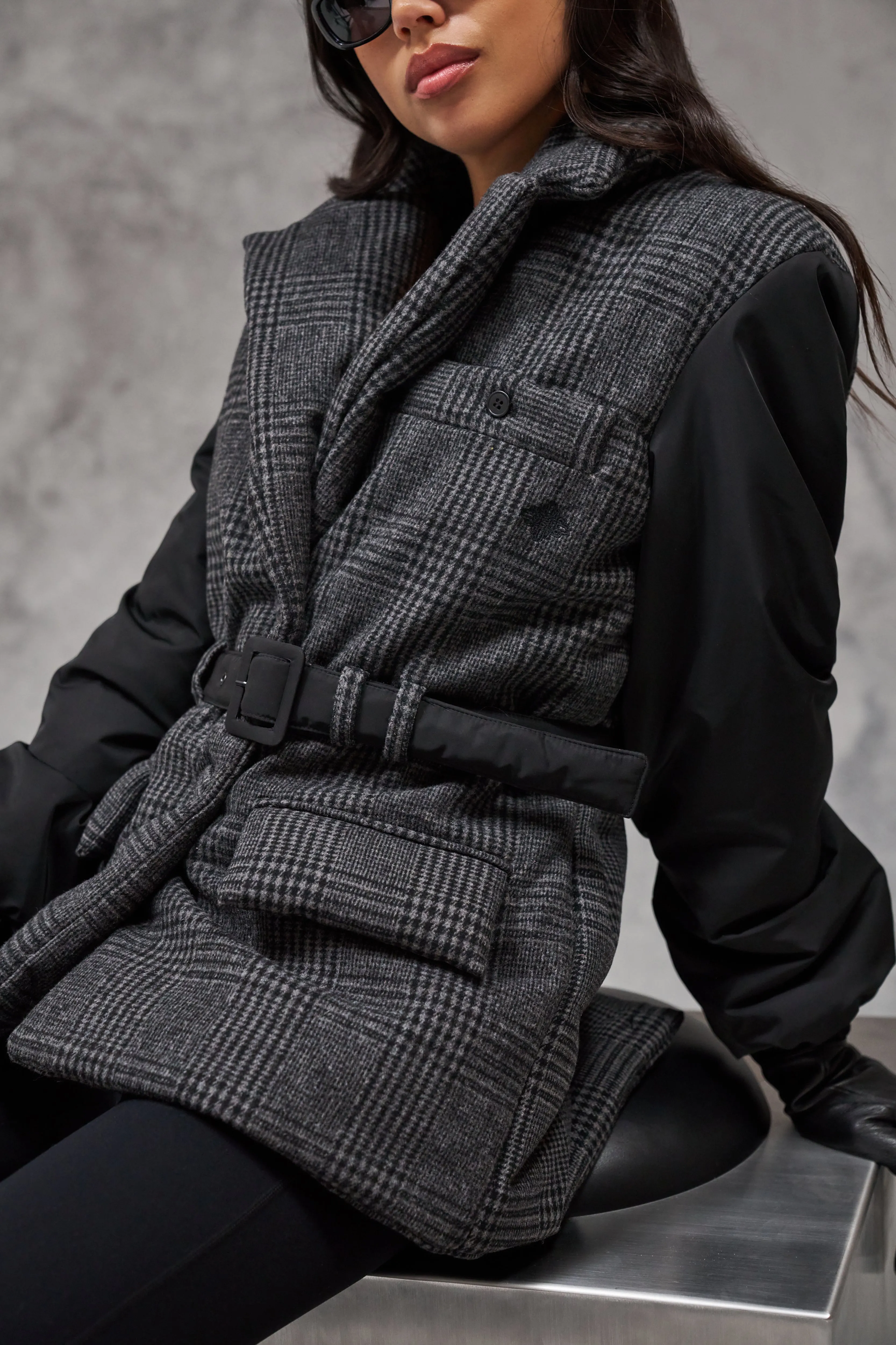 TONAL CHECK PADDED BLAZER COAT - BLACK