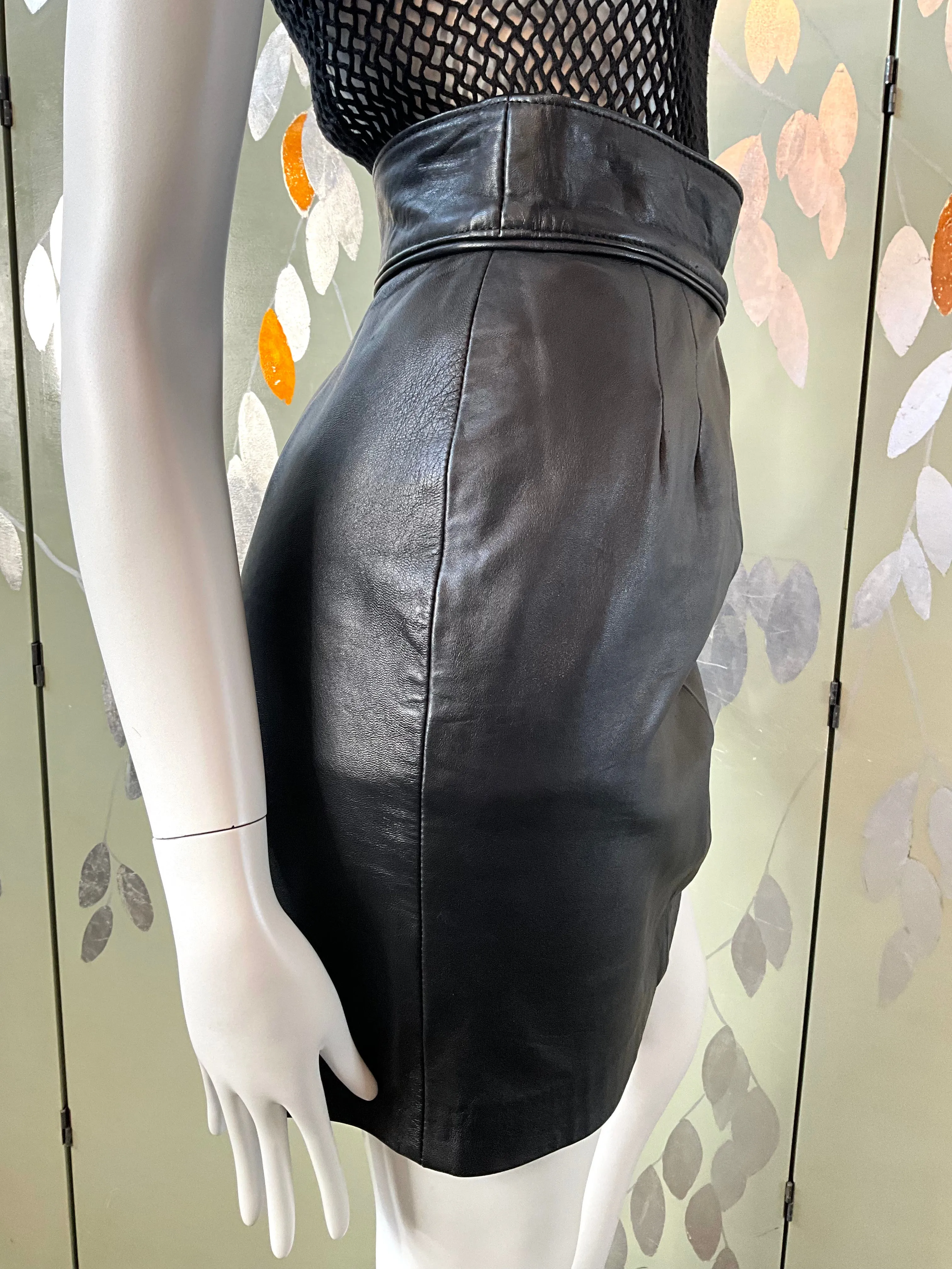 Vintage 1980s Black Leather Mini Skirt, Medium