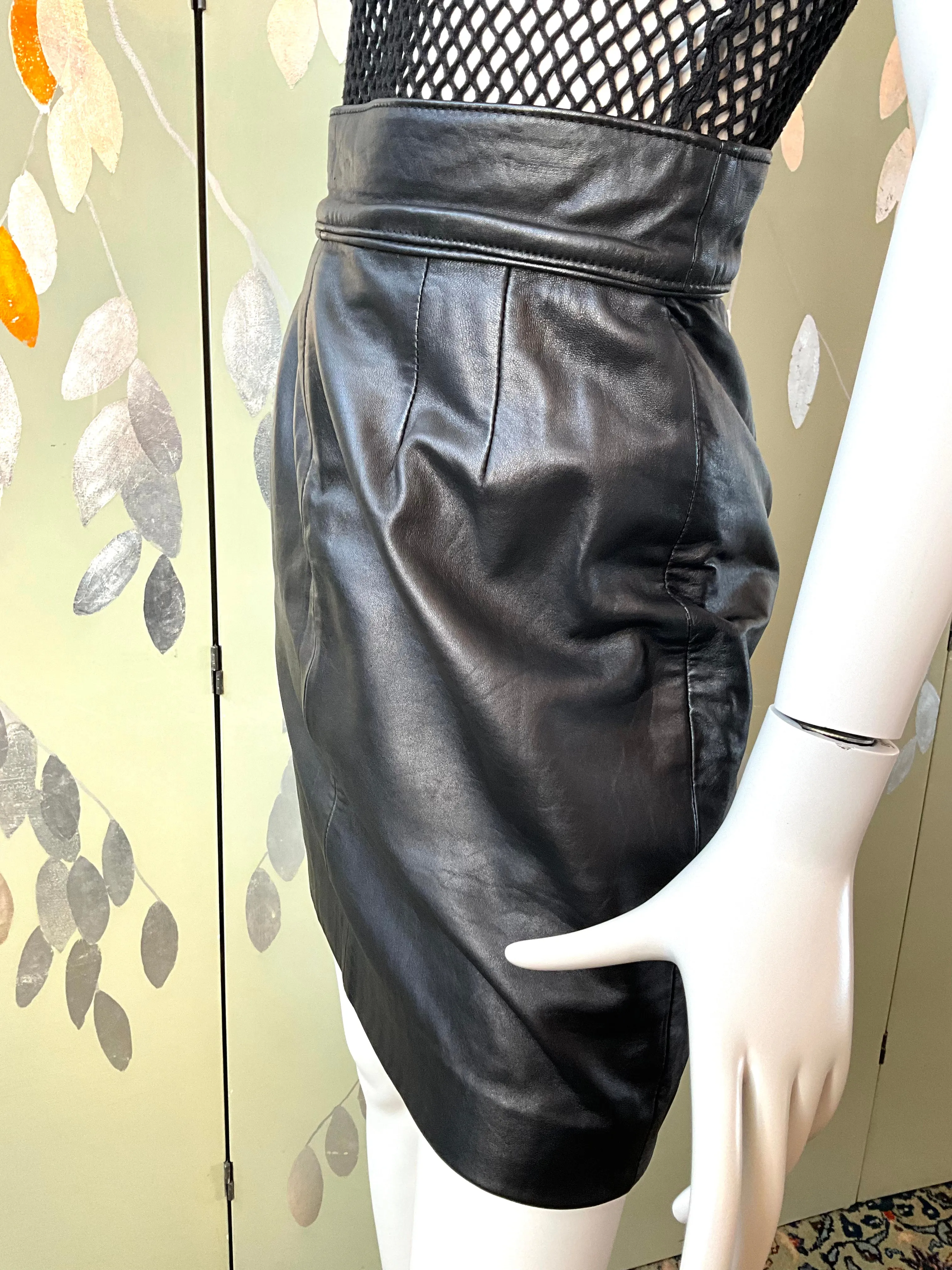 Vintage 1980s Black Leather Mini Skirt, Medium