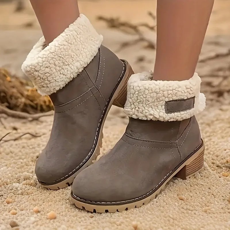 Women's Solid Color Winter Boots, Slip On Round Toe Chunky Heel Velvet Warm Fuzzy Soft Boots, Snow Comfy Outdoor Shoes