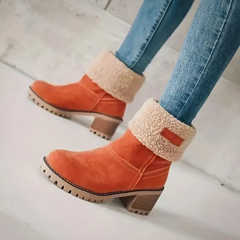 Women's Solid Color Winter Boots, Slip On Round Toe Chunky Heel Velvet Warm Fuzzy Soft Boots, Snow Comfy Outdoor Shoes