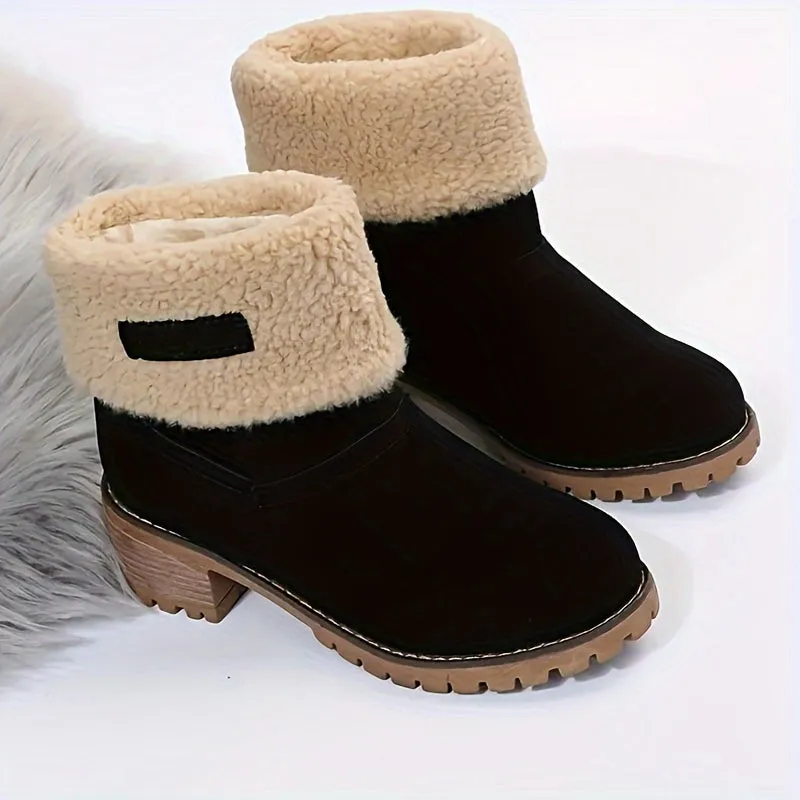 Women's Solid Color Winter Boots, Slip On Round Toe Chunky Heel Velvet Warm Fuzzy Soft Boots, Snow Comfy Outdoor Shoes