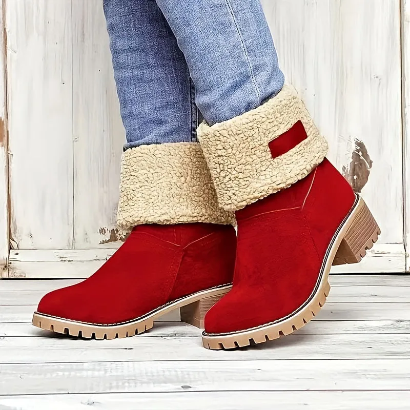 Women's Solid Color Winter Boots, Slip On Round Toe Chunky Heel Velvet Warm Fuzzy Soft Boots, Snow Comfy Outdoor Shoes