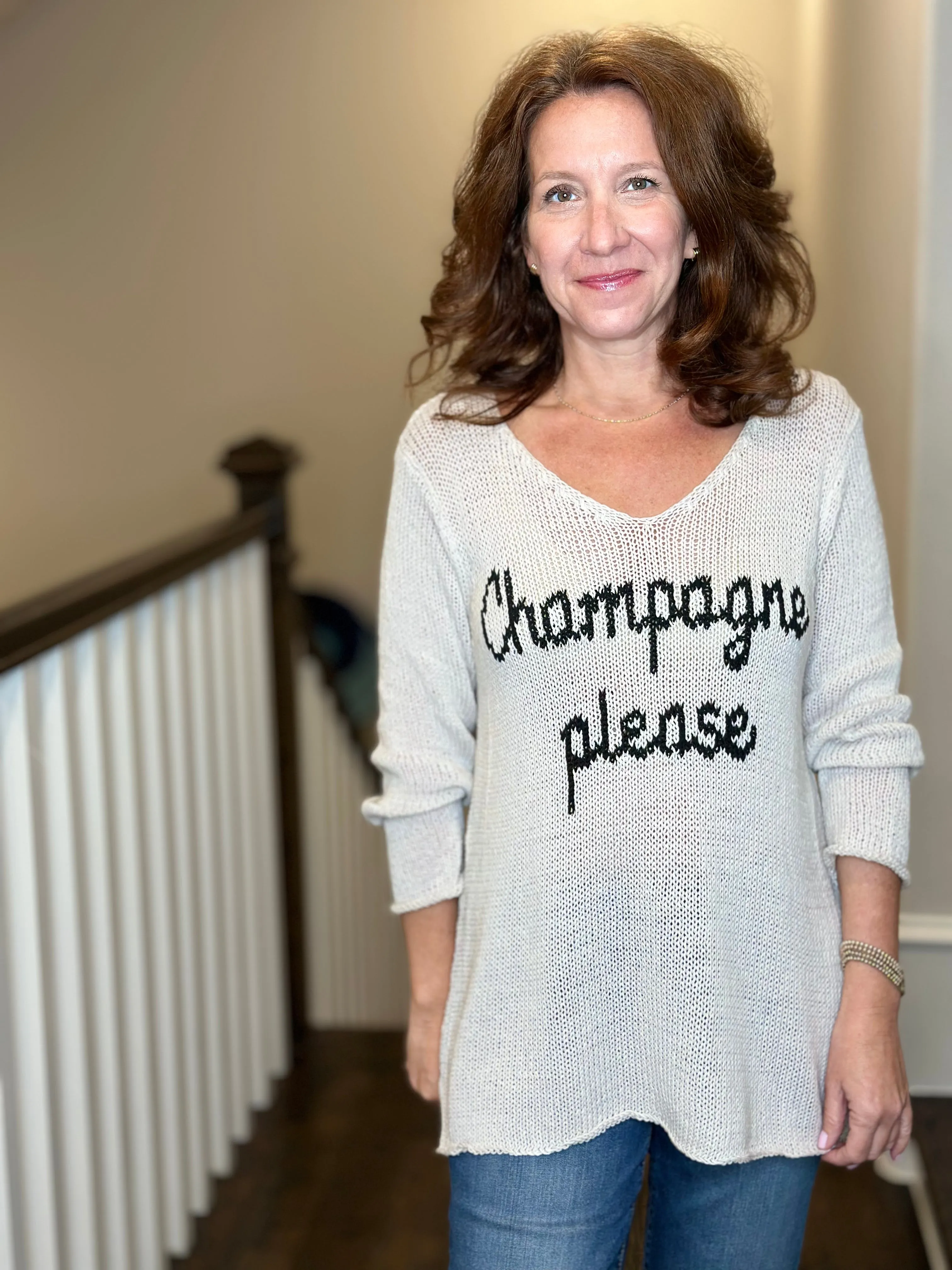 Wooden Ships Champagne Please V Neck Cotton Sweater in Blush