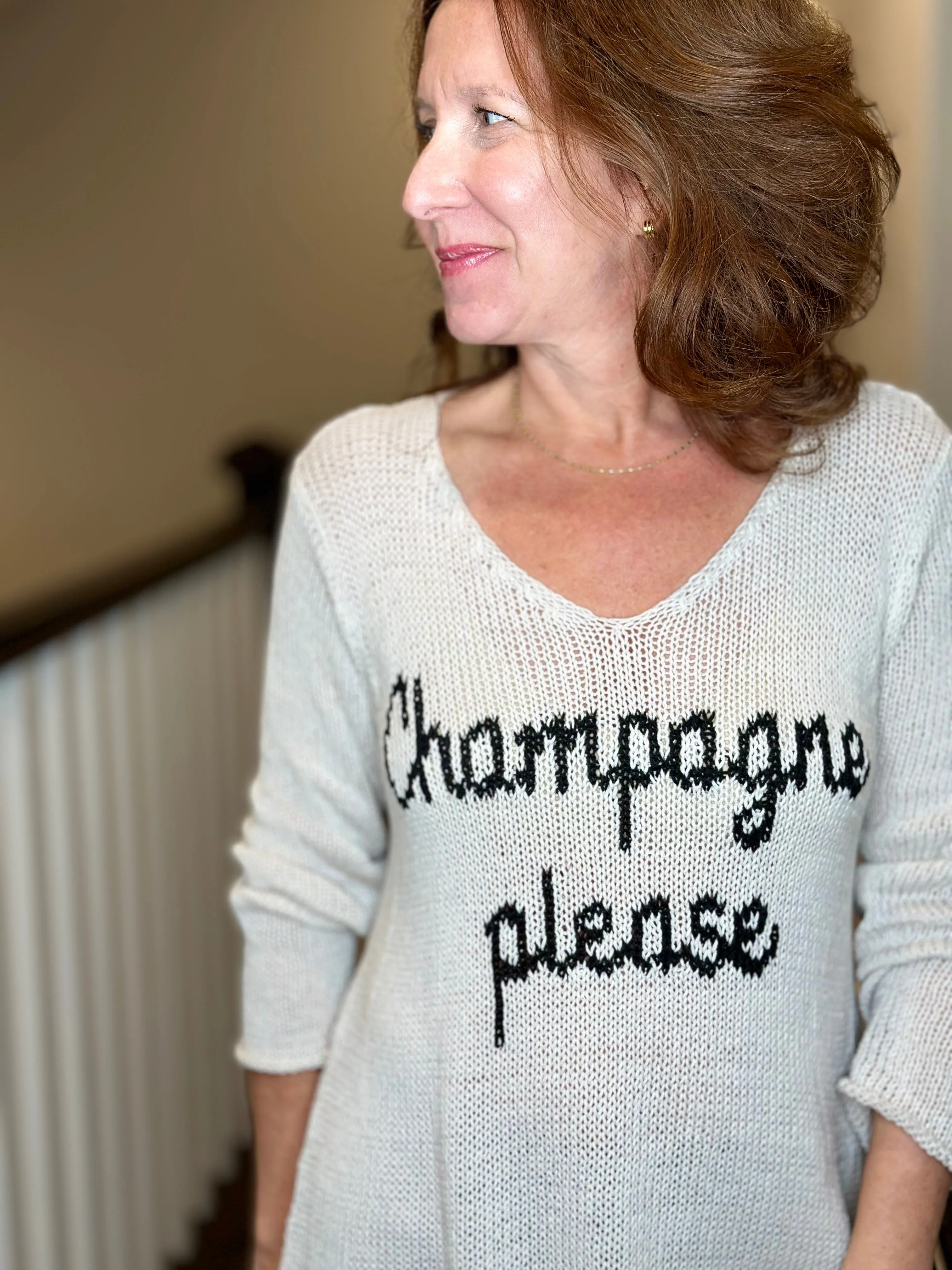 Wooden Ships Champagne Please V Neck Cotton Sweater in Blush